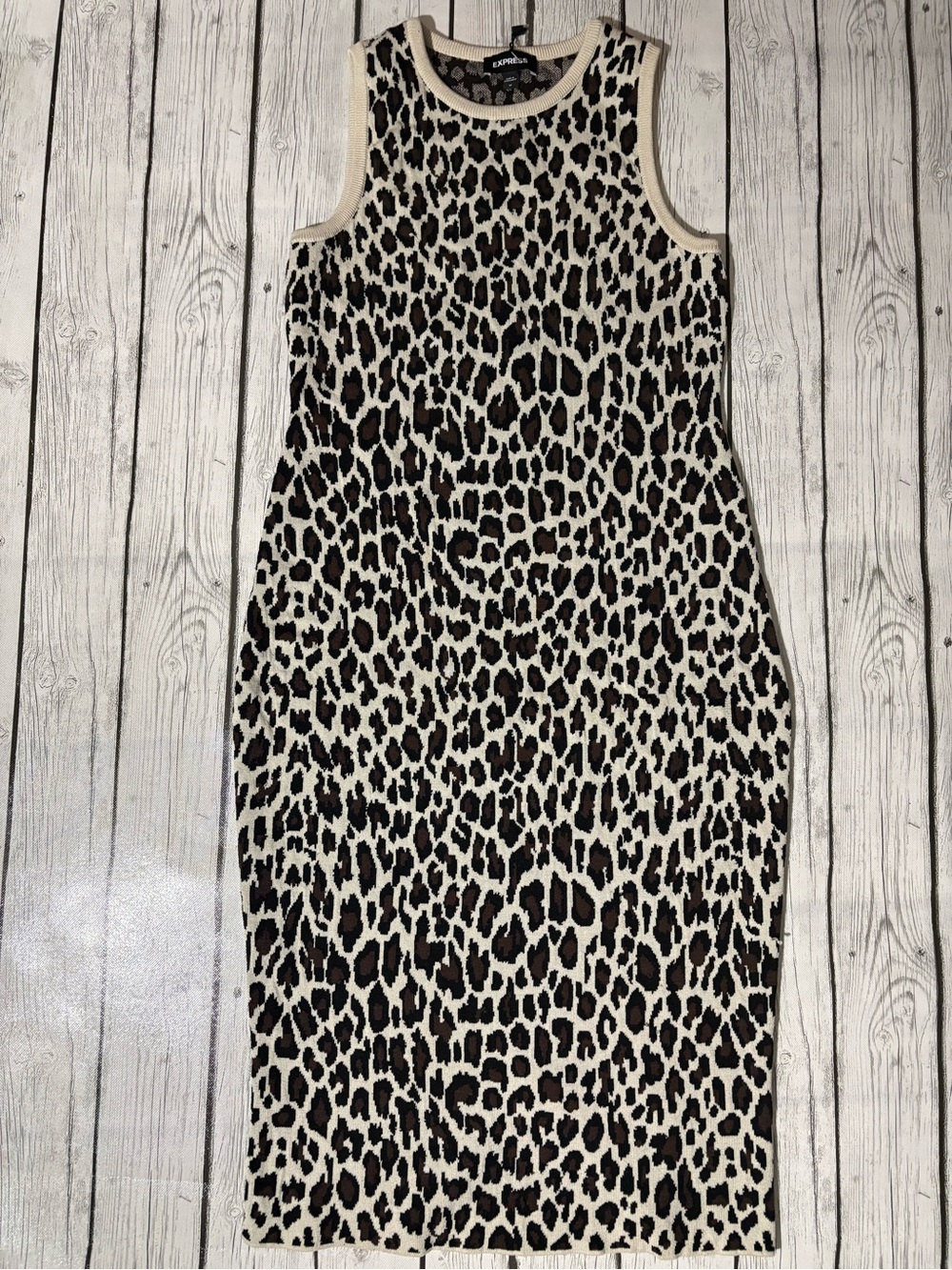 Express Women’s M Leopard Print Ribbed Knit Maxi Dress Size M Cream Brown